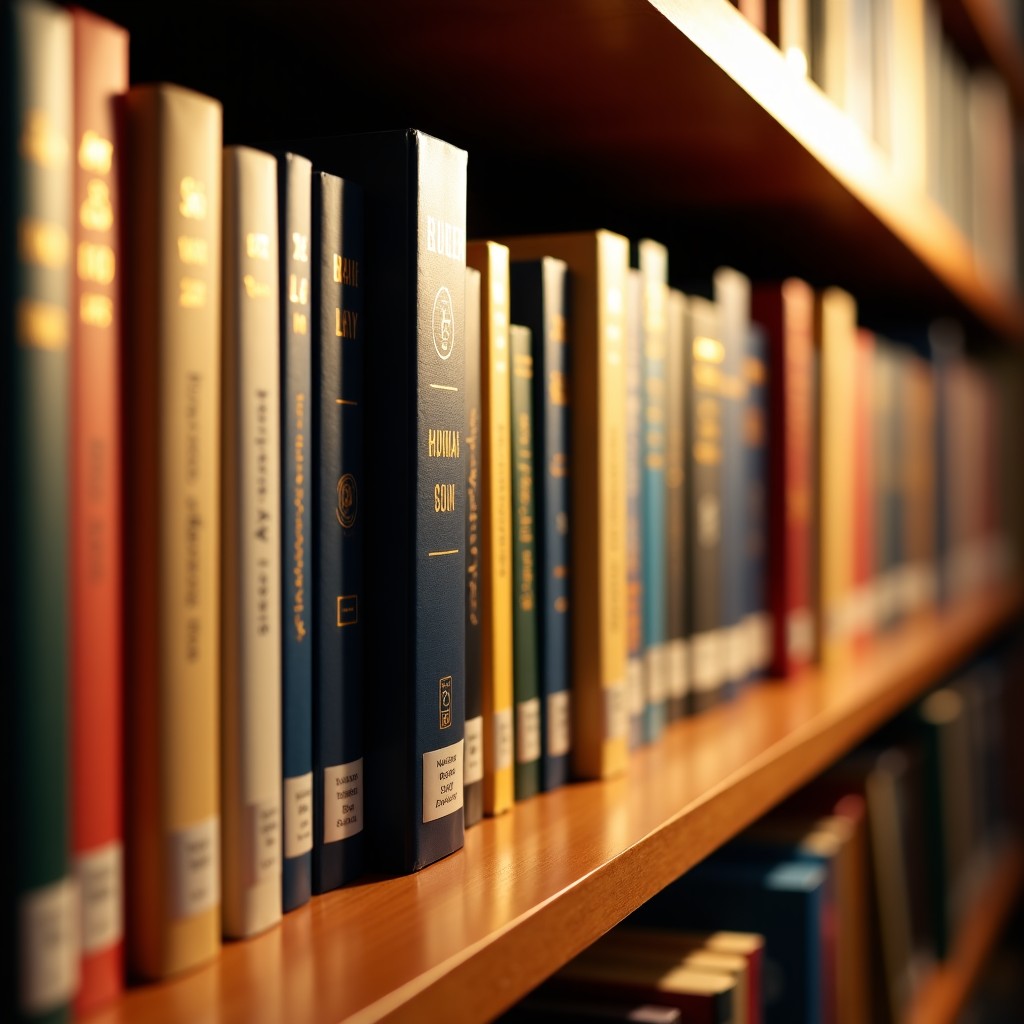 Rows of books on a wooden bookshelf with a focus on a human-authored certification label, warm lighting, detailed texture, 4:3.