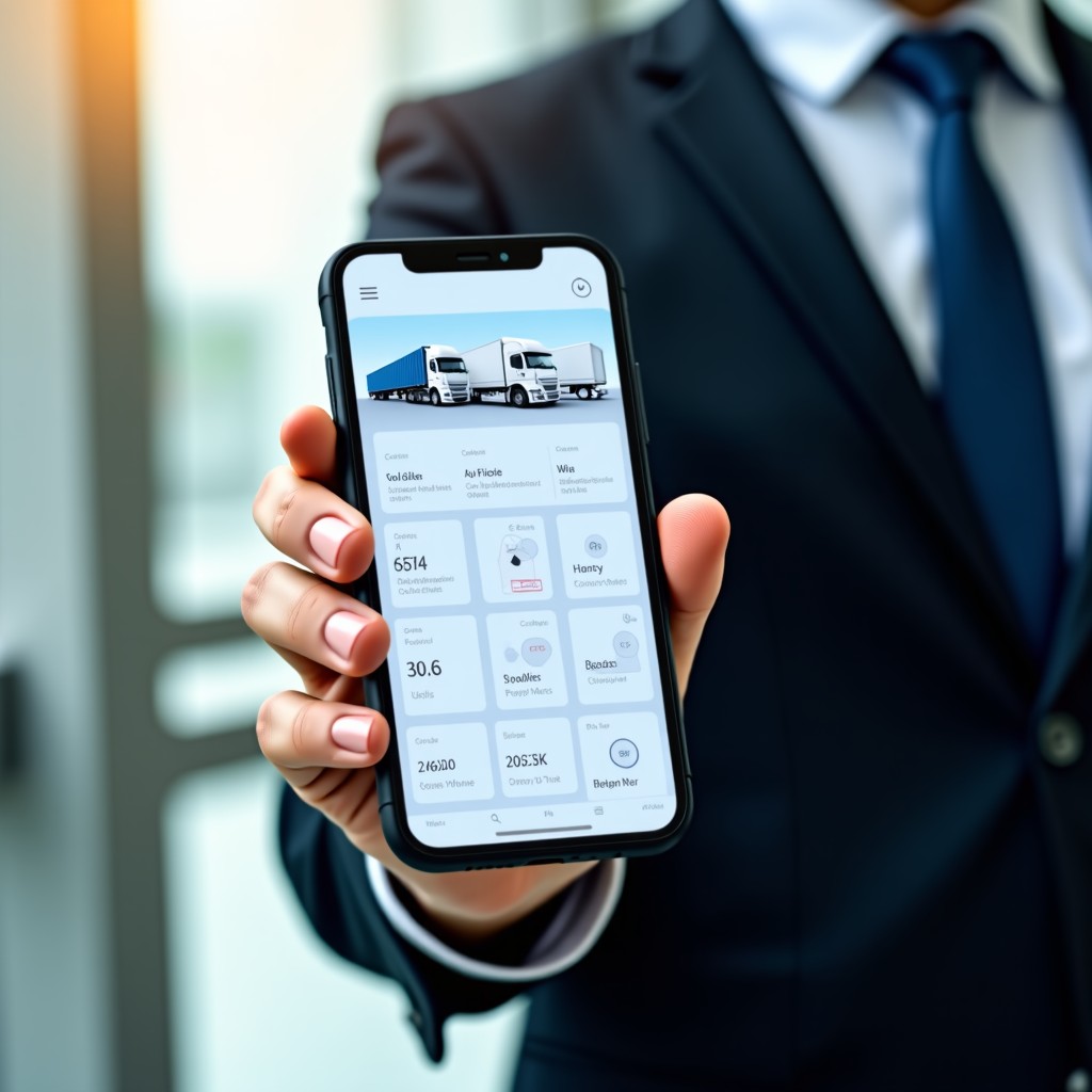 Close up of a smartphone showing a professional fleet management app interface with clear analytical charts and chatbot icons, held by a person in a work uniform, natural setting, 4:3