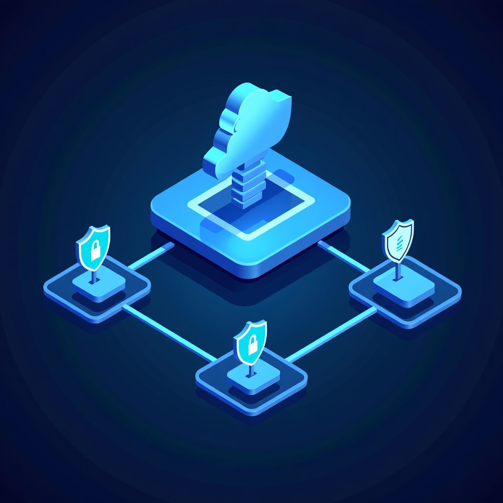 Cyber security concept with padlock icons and digital security shields protecting cloud server connections, high contrast, clean design, 4:3.