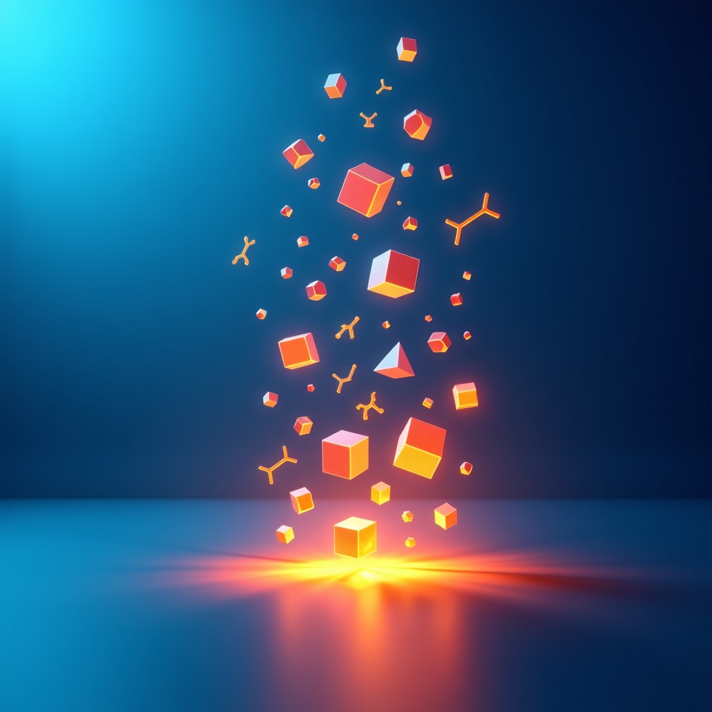 Abstract representation of mathematical formulas turning into light and interactive 3D geometric shapes, blue and orange gradient background, professional infographic style, 4:3