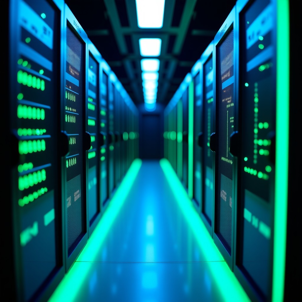A futuristic server room interior with glowing blue and green data racks, high tech aesthetic, sharp focus, vibrant lighting, 16:9 aspect ratio.