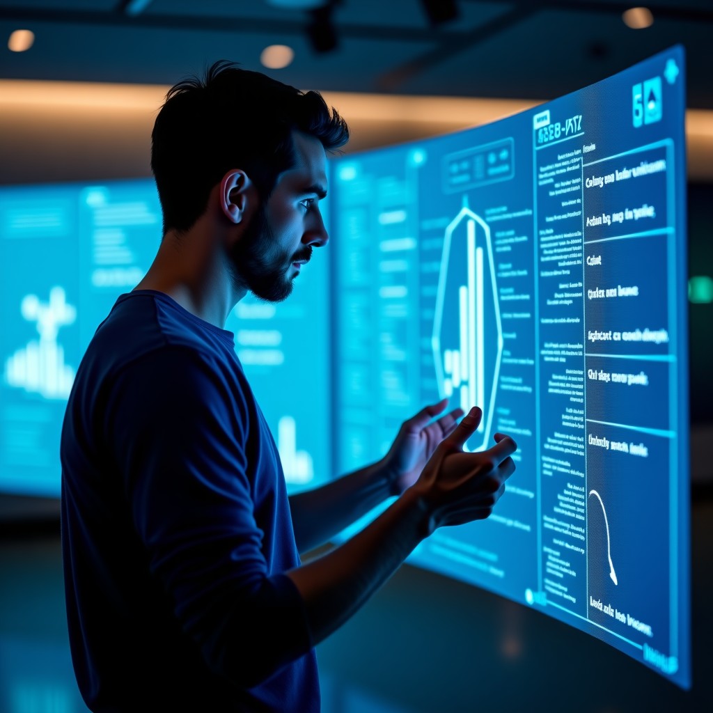 A person exploring physics formulas using an advanced interface with interactive nodes and lines, soft studio lighting, clean tech-inspired background, 4:3