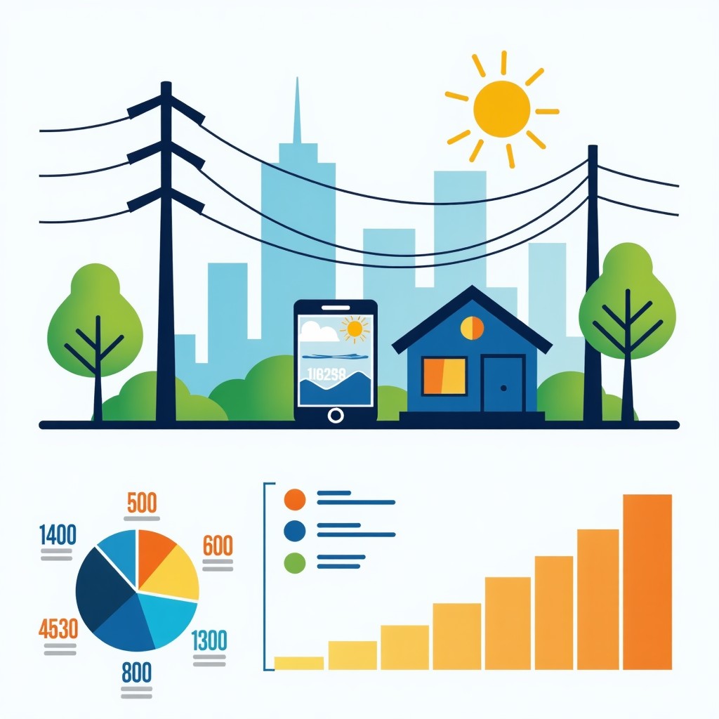 Digital representation of energy consumption patterns, clean infographic style, modern design elements, focus on power distribution, 16:9 aspect ratio.