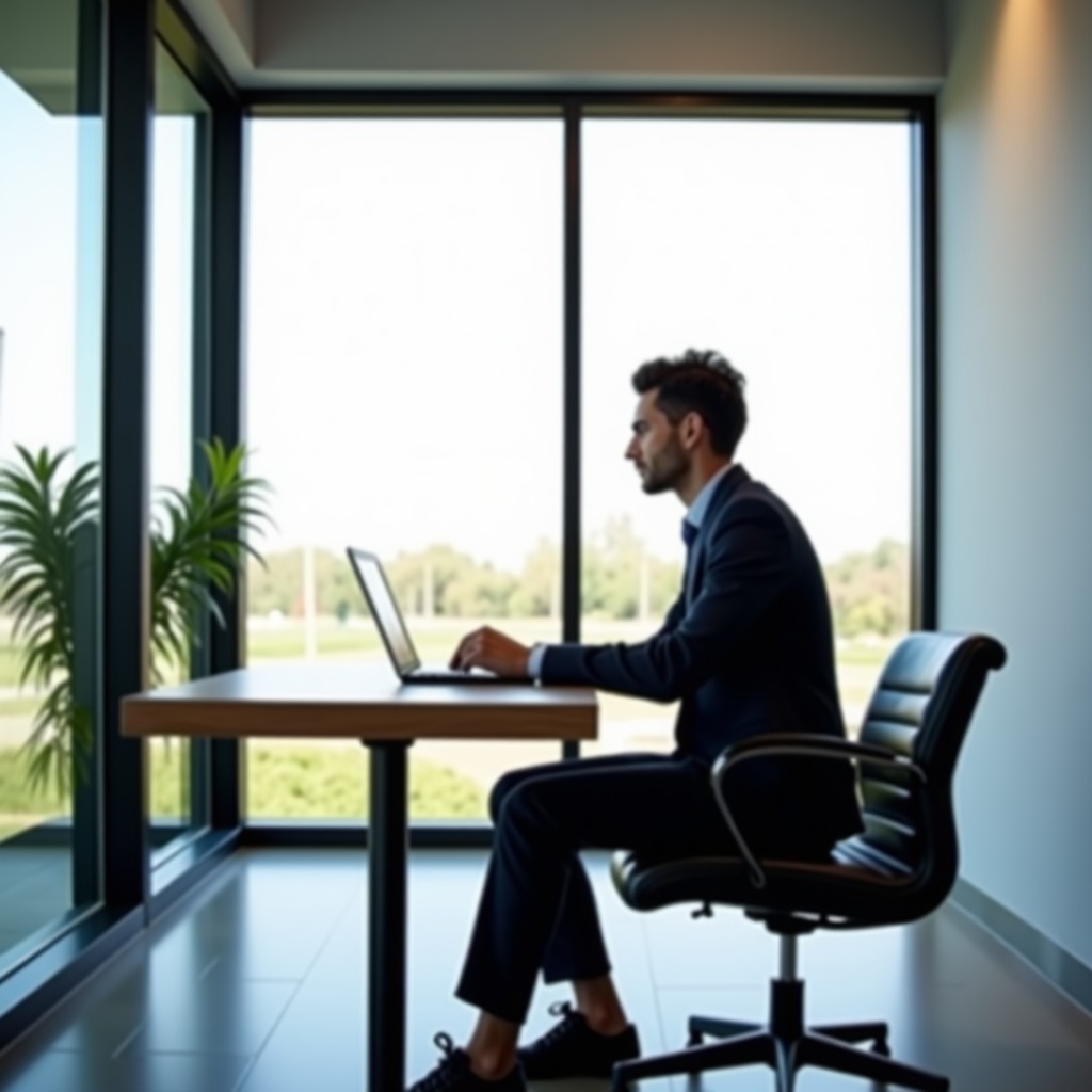 A person working in a modern minimalist office with a laptop, natural lighting, professional atmosphere, realistic style, 4:3