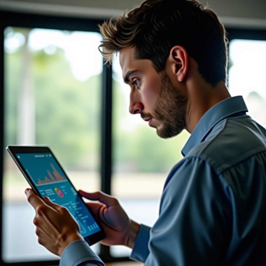 Close up of a person looking at business analytics on a digital tablet, thoughtful expression, clean interior, soft morning light, 4:3