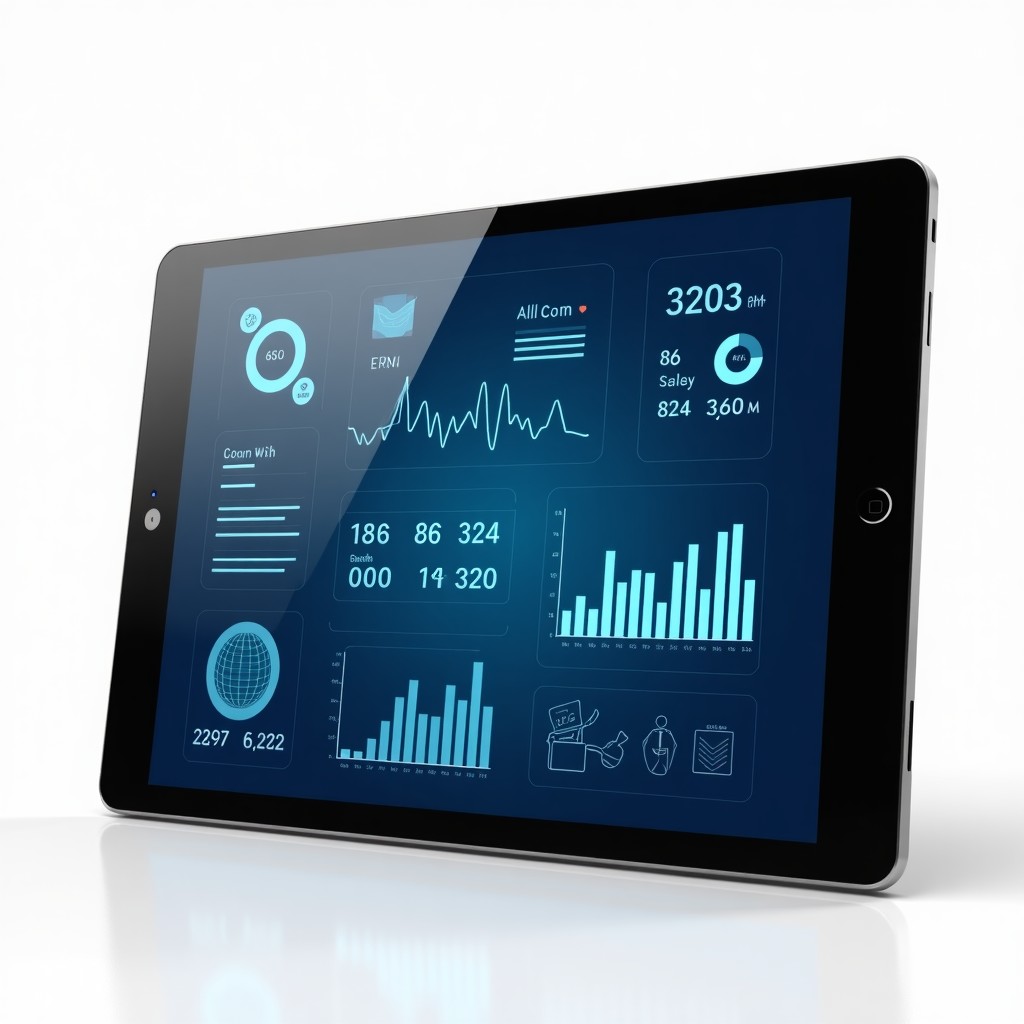 Digital healthcare interface on a tablet screen, showing graphs and icons, professional look, high tech, clean background, 4:3