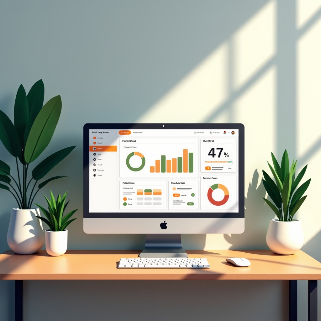 Minimalist home office with a computer showing a health dashboard, green plants nearby, bright daylight, aesthetic, realistic, 4:3