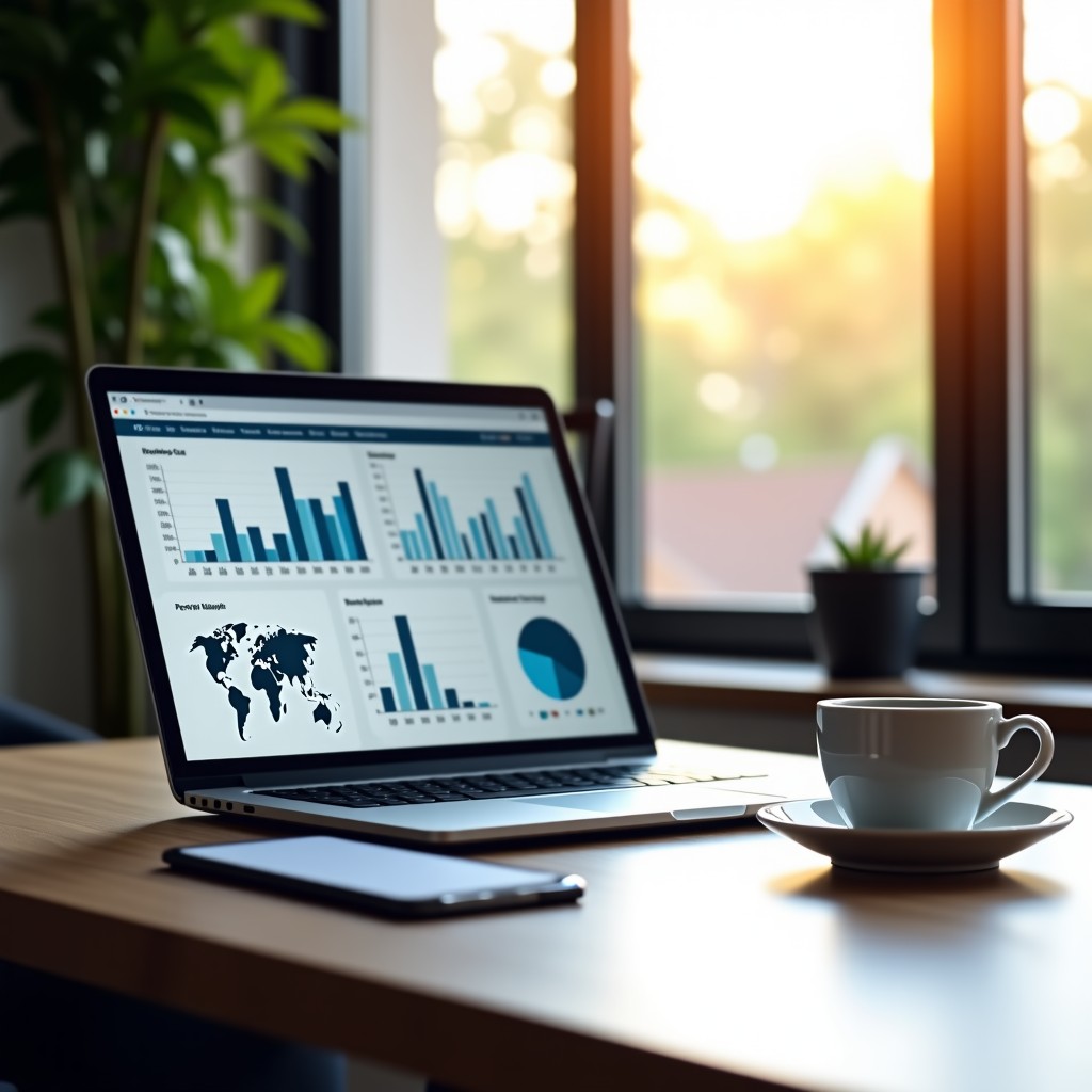 A tidy desk with a modern laptop showing charts and graphs, coffee cup, warm morning sunlight, professional office atmosphere, realistic photography, 4:3
