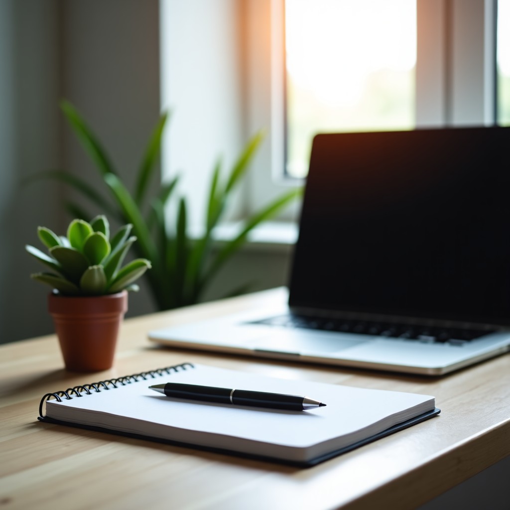 A clean, minimal office desk setup with a succulent plant, notebook, pen, and open laptop, soft cinematic lighting, professional photography, 4:3