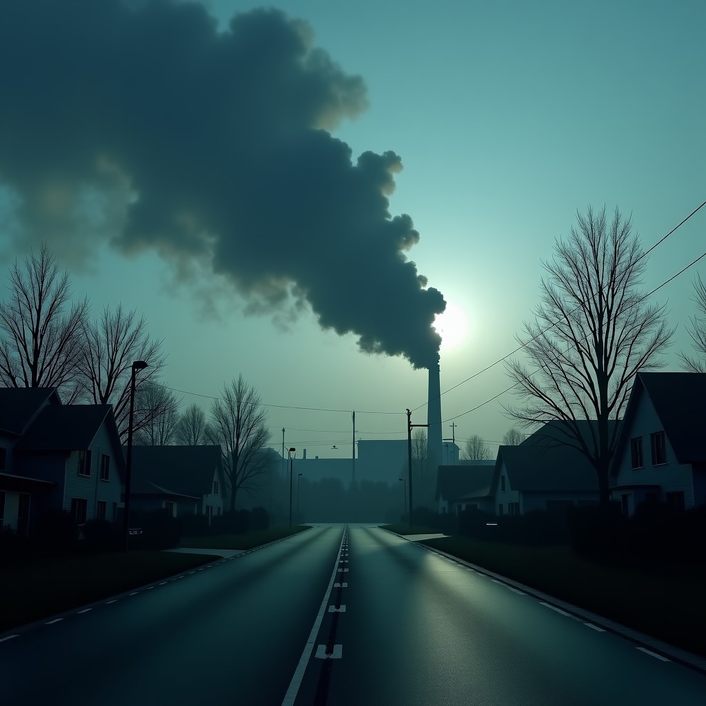 Industrial smoke rising from a power facility near a quiet residential neighborhood, moody atmosphere, realistic photography, cinematic lighting, 4:3