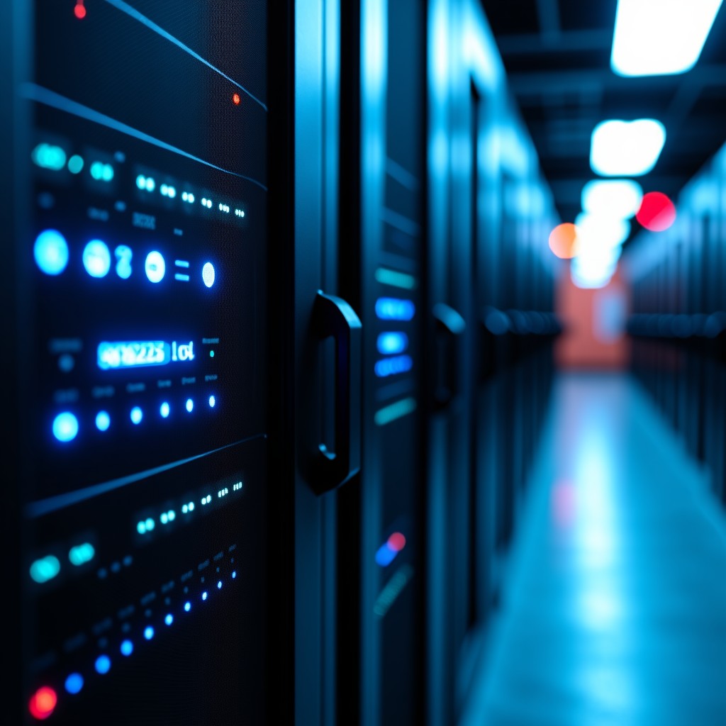 Close-up of high-tech server racks with complex cabling, soft glowing blue lights, contrasted with blurred industrial outdoor environment, 4:3