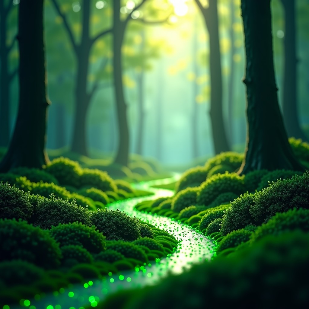 A conceptual image showing digital neural network lines integrated into a green forest landscape, soft natural lighting, high resolution, 4:3