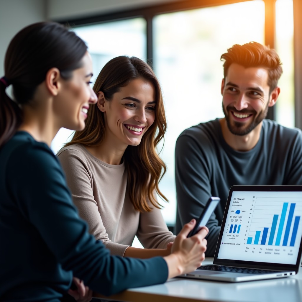 A group of diverse people in a modern office, looking at data charts on their devices and having a friendly discussion, bright natural indoor lighting, 4:3 aspect ratio.