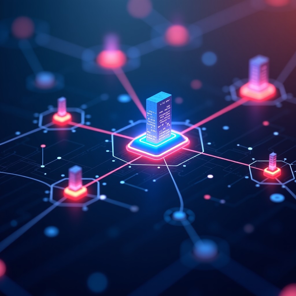 An abstract conceptual image representing interconnected digital platforms, glowing nodes and lines, dark background with blue and purple gradients, high detail, 4:3 aspect ratio.