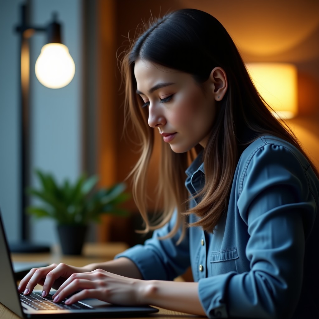 A close up of a person typing on a laptop with a calm and thoughtful expression, warm ambient lighting, modern workspace environment, realistic style, 4:3 aspect ratio