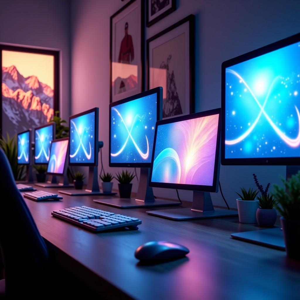 Creative workspace with digital design tools, bright lighting, high-tech creative atmosphere, 4:3