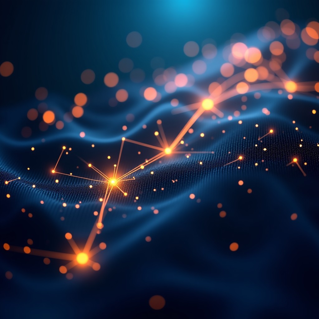 Futuristic abstract representation of global data connectivity and server infrastructure, glowing nodes and lines, dark blue and gold color palette, digital illustration, 16:9 aspect ratio