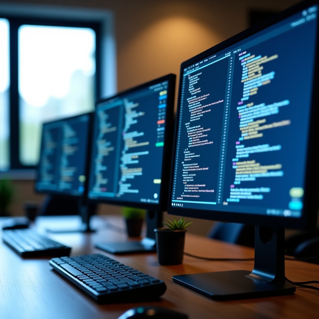 A modern office workspace with multiple monitors showing complex lines of code and data visualization, shallow depth of field, natural professional lighting, 4:3 aspect ratio