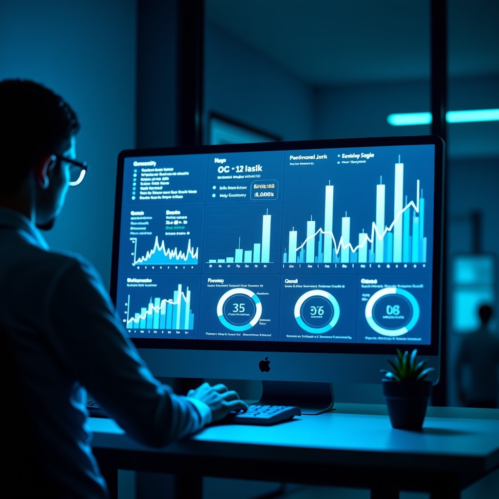 A abstract representation of digital workplace surveillance, glowing data charts and performance metrics on a screen, professional and clean aesthetic, dark office setting, 4:3