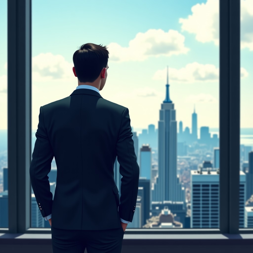 A pensive office worker looking out a window at a city skyline, realistic, professional business attire, balanced lighting, high resolution, 4:3