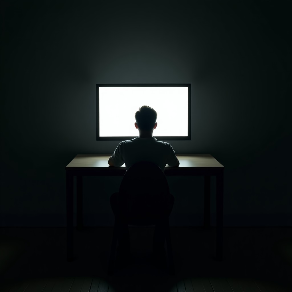A dark room with a single glowing monitor screen, silhouette of a person sitting in front, conceptual art about digital ethics, moody atmosphere, realistic photography, 4:3.