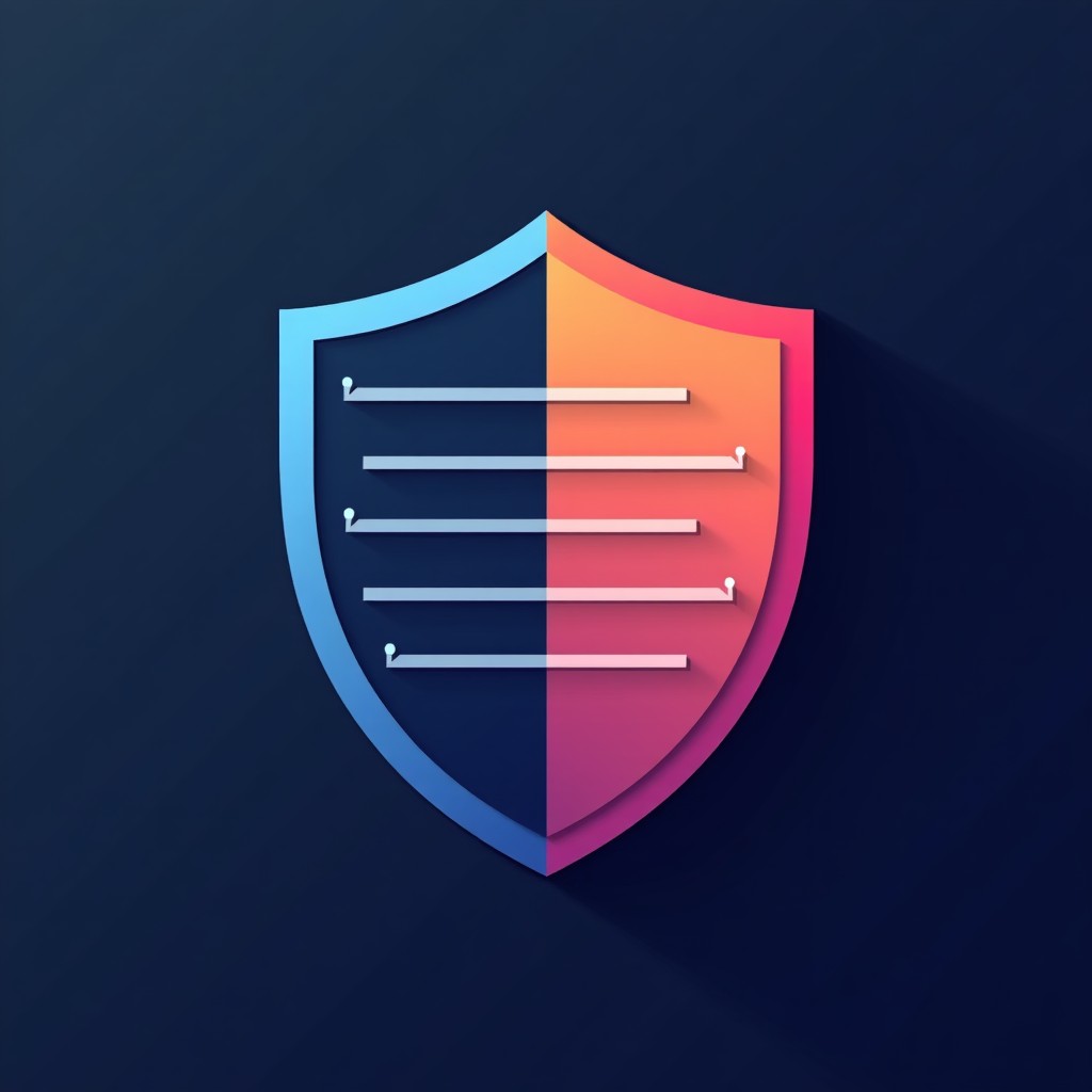 A abstract composition of a shield protecting a digital data structure, modern professional design, minimalist color palette, 4:3.