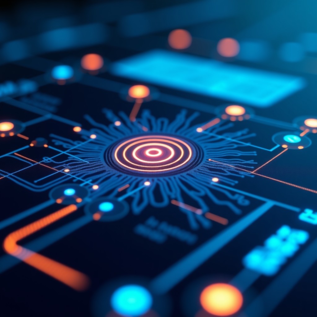 Close up shot of a high tech computer screen displaying a modern AI interface with digital patterns and data visualization, glowing icons, professional tech aesthetic, 4:3