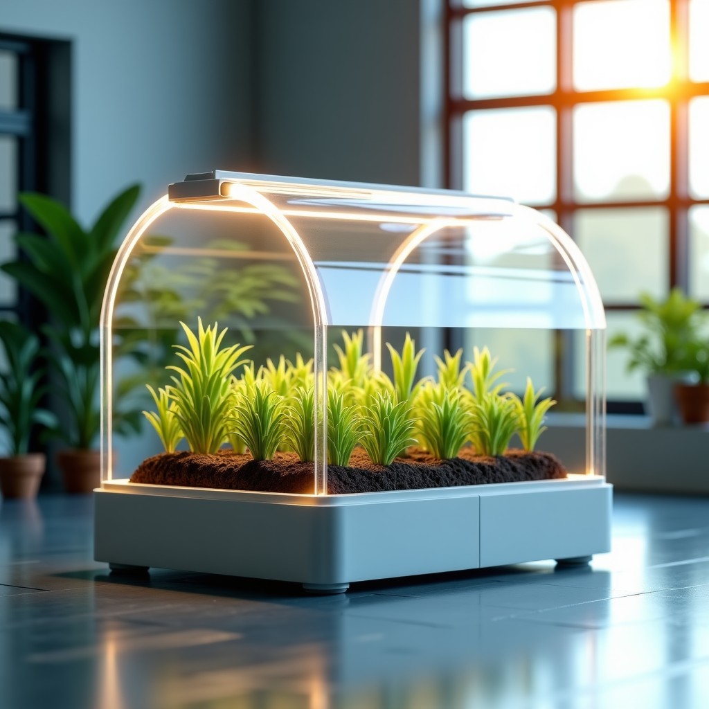 A modern small-scale robotic greenhouse placed in a modern urban building setting, clean industrial design, sunlight through glass, realistic, 4:3.