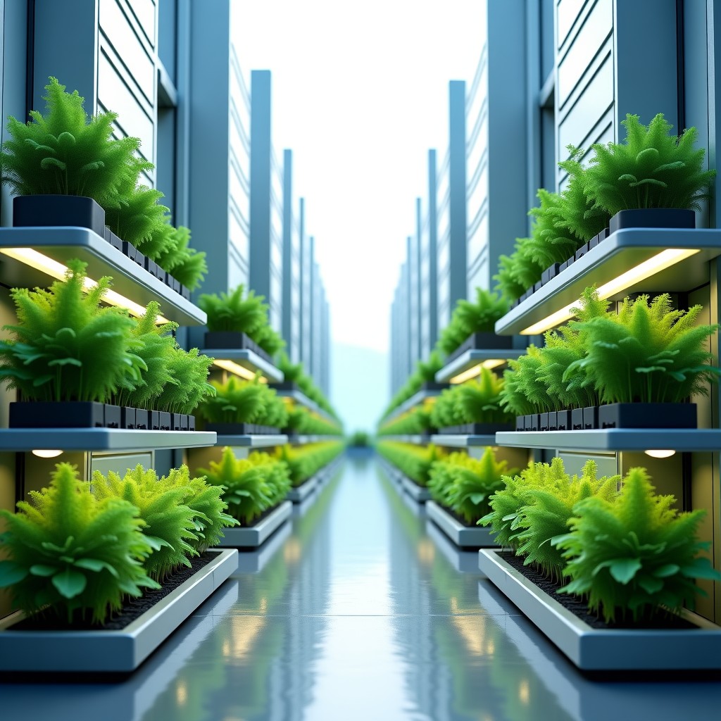 Conceptual image of modular farming units in an urban city, futuristic design, vibrant green plants, clean environment, realistic, 4:3.