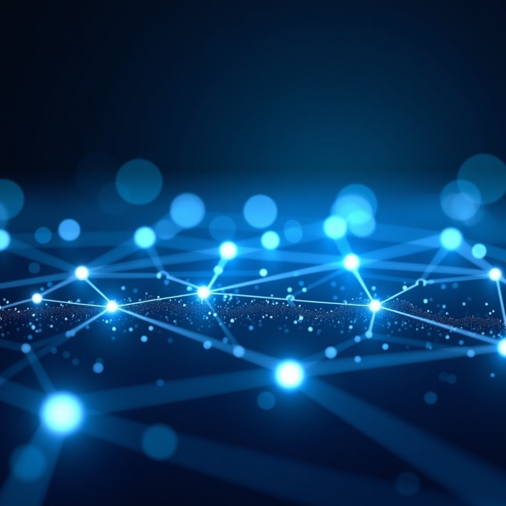 An abstract digital art representing data connection and strategic planning, glowing network lines, blue and white color palette, professional and clean, 4:3