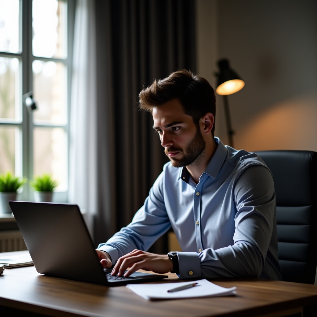 A professional writer sitting at a desk looking suspicious at a laptop, natural soft lighting, quiet room atmosphere, 4:3.