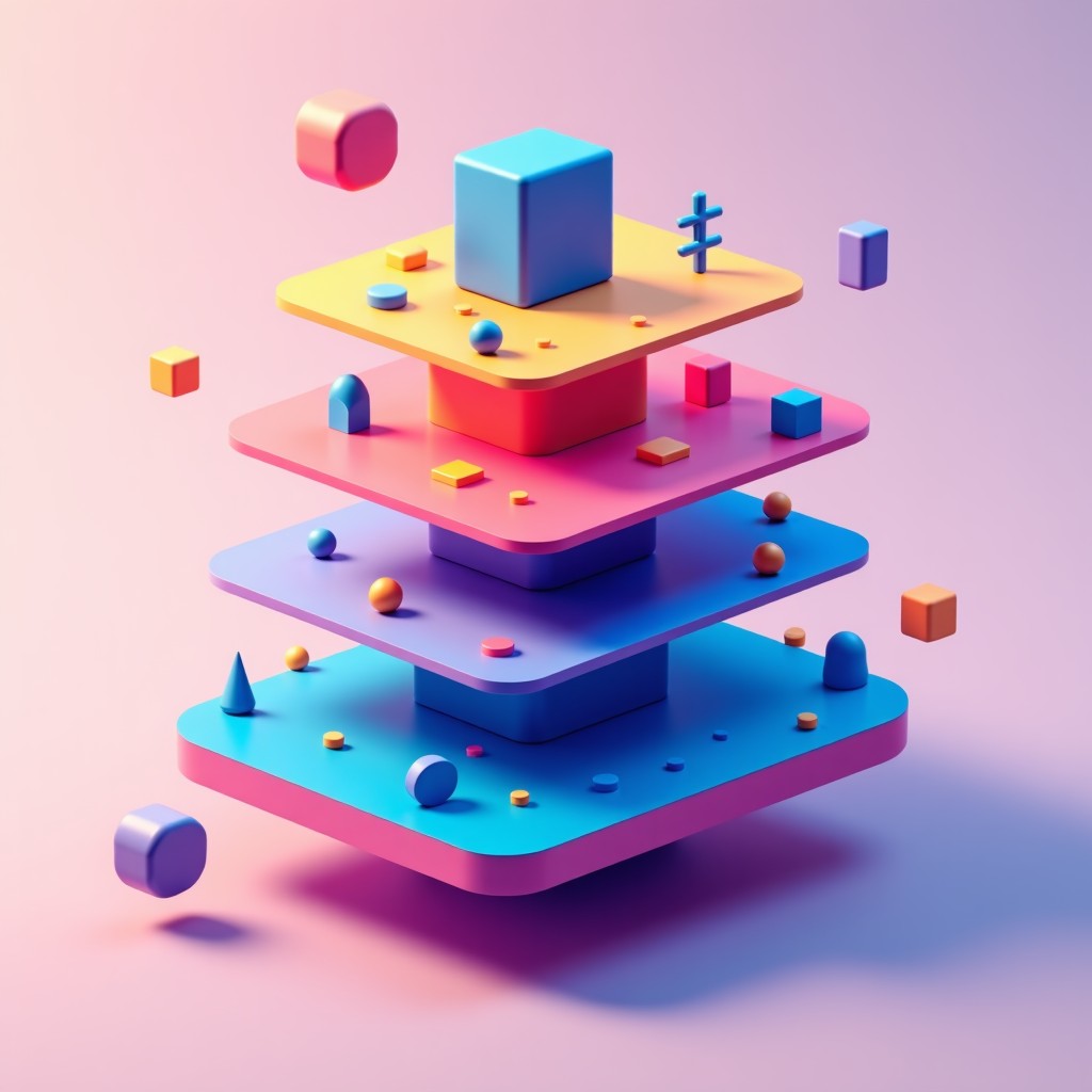 Artistic representation of a layered graphic design elements floating in space, showing typography and icons separated as distinct layers, vibrant colors with a smooth gradient background, high resolution, 4:3 aspect ratio.