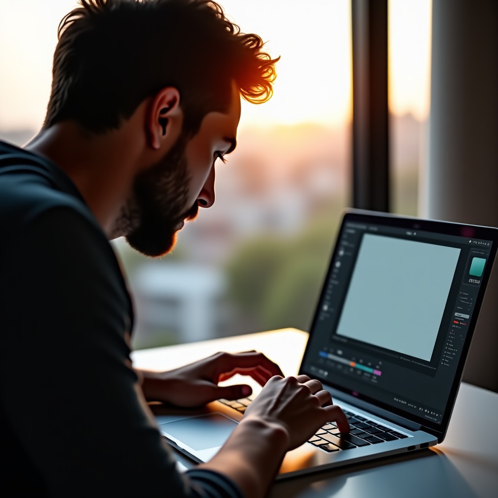 Close-up of a creative professional adjusting image layers on a sleek laptop screen, focused expression, modern studio background, warm sunlight coming through the window, photorealistic style, 4:3 aspect ratio.