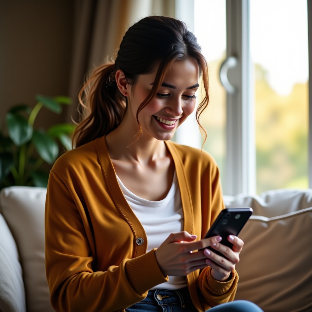 A person looking satisfied while using a mobile device for shopping, warm lifestyle photography, natural home setting, soft morning light, 4:3