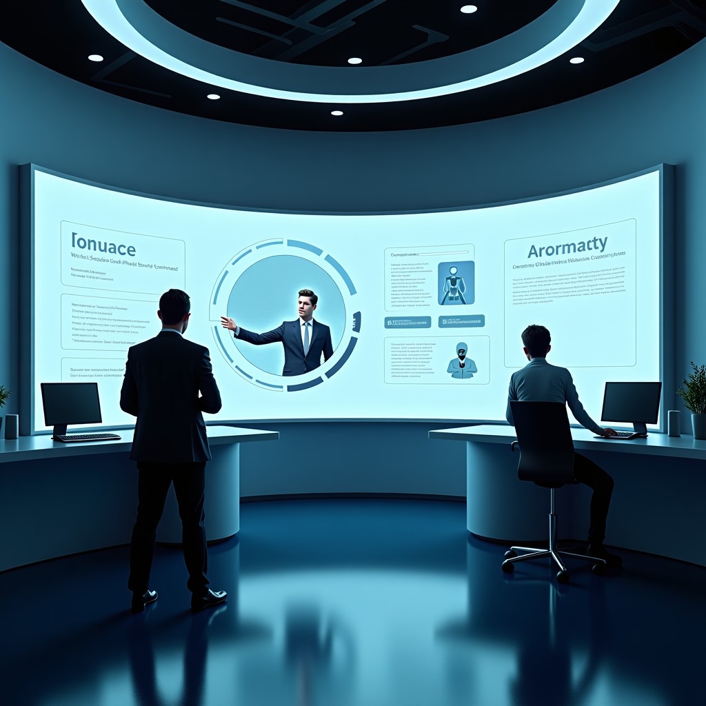 Futuristic office environment showing a digital interface with autonomous agents working, high-tech screen display, minimalist and sleek, 4:3 ratio.