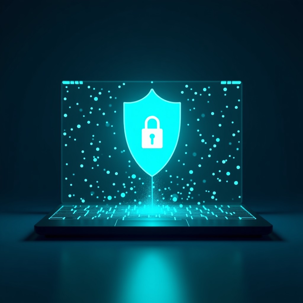 Conceptual art of digital shield protecting personal data on a screen, abstract cyber security, deep blue and teal color palette, professional tech photography, realistic and clean, 16:9.