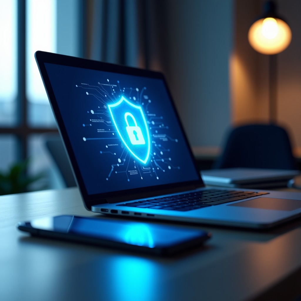 A clean and modern office desk with a laptop and a smartphone, glowing shield icon visualization overlay, secure connection, high-tech atmosphere, 16:9.
