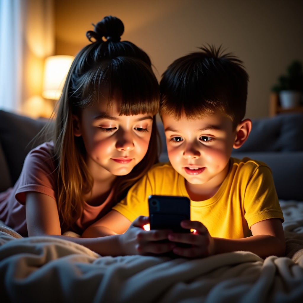 Close up of a parent and a child looking at a mobile phone screen together, natural indoor lighting, cozy living room background, 4:3