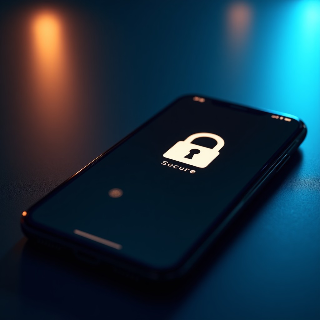 A modern smartphone displaying a secure lock icon on a settings menu, deep professional aesthetic, cinematic lighting, 4:3