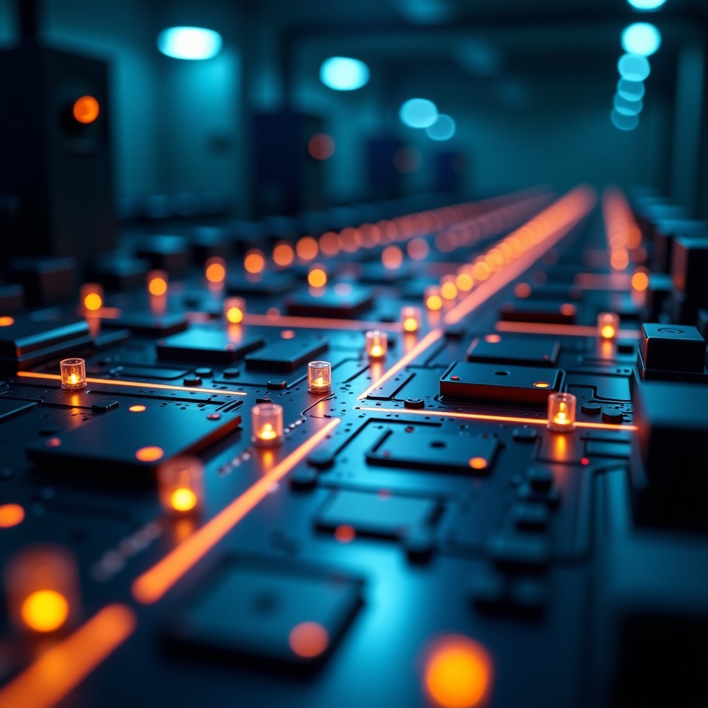 Abstract representation of AI data flowing into robotic systems, glowing lines connecting machinery in a dark industrial space, cinematic lighting, 4:3 aspect ratio.