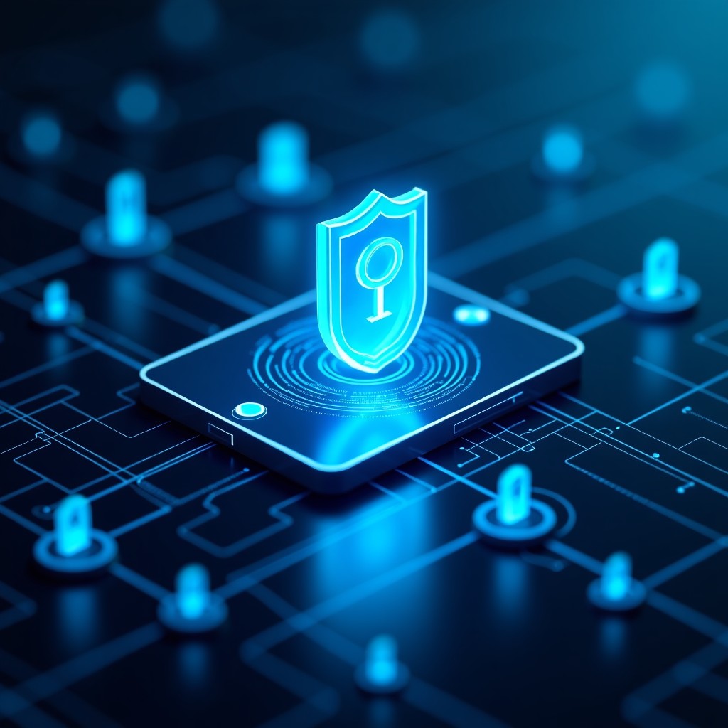 Artistic representation of secure digital data storage, abstract elements of backup and protection, deep focus, modern technology atmosphere, 4:3