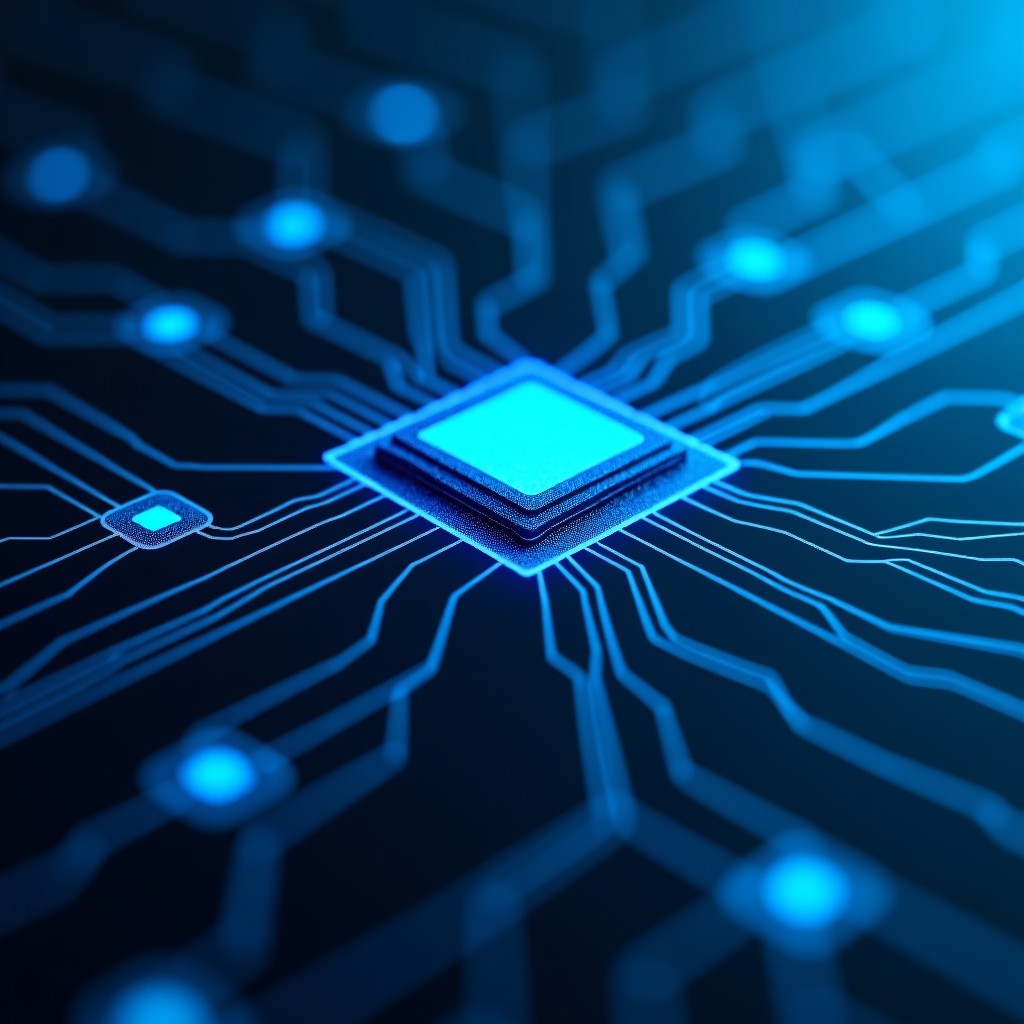 Abstract representation of digital processing cores and data flow in shades of blue and silver, high contrast, clean minimalist look, 4:3 ratio.