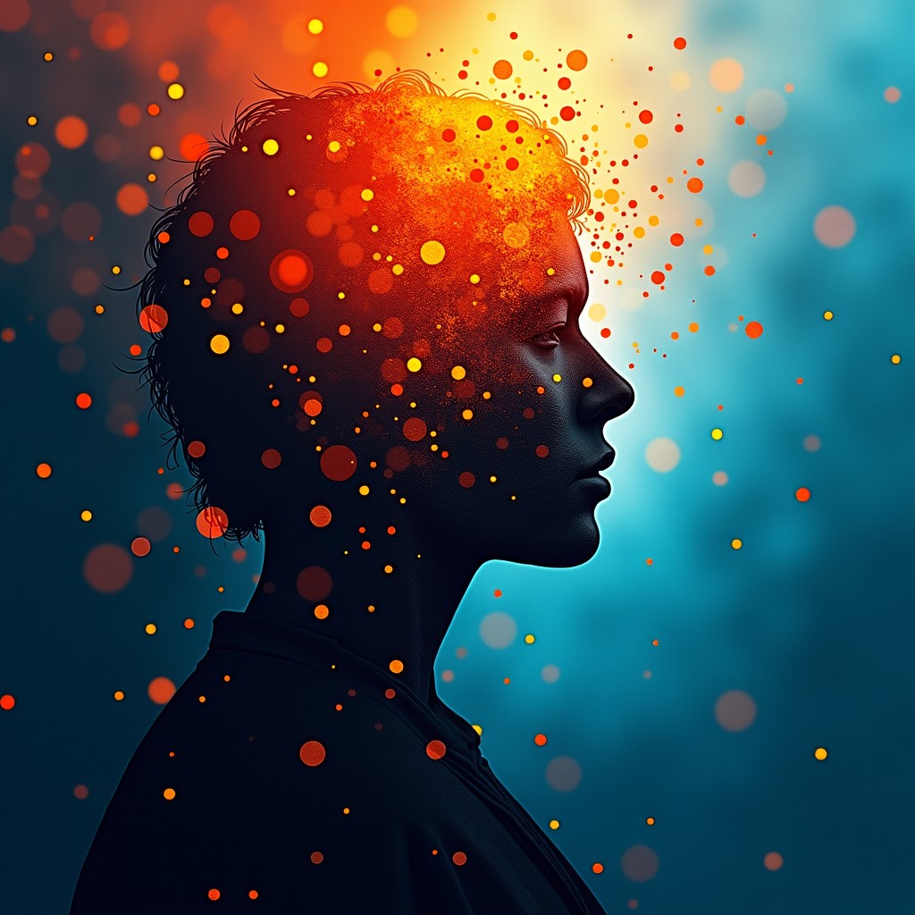 Artistic representation of digital data blending with organic human creativity, abstract and textured background, balanced composition, 4:3.