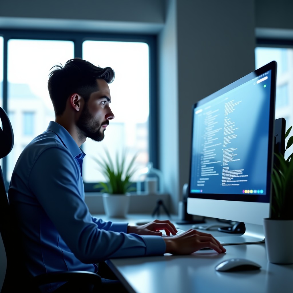 A professional developer working on a futuristic interface in a clean, minimalist office setting, natural soft lighting, hyper-realistic, 4:3.