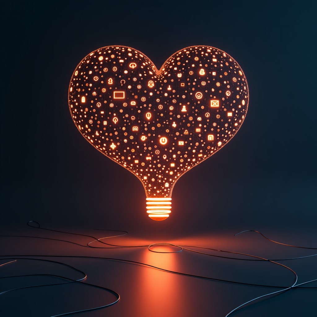 Conceptual art of a complex interconnected web of digital icons floating in a modern minimalist space, high contrast, warm lighting, 4:3 aspect ratio.