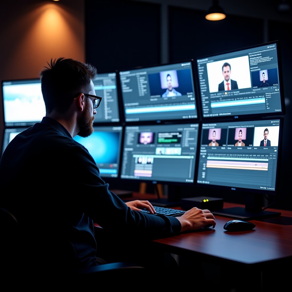A professional film editor working on a complex timeline on multiple large monitors, dark studio background, cinematic lighting, realistic style, 4:3 aspect ratio