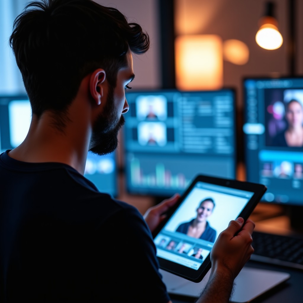 Close up of a creative director reviewing film footage on a futuristic digital tablet, blurred modern studio interior, professional atmosphere, 4:3 aspect ratio