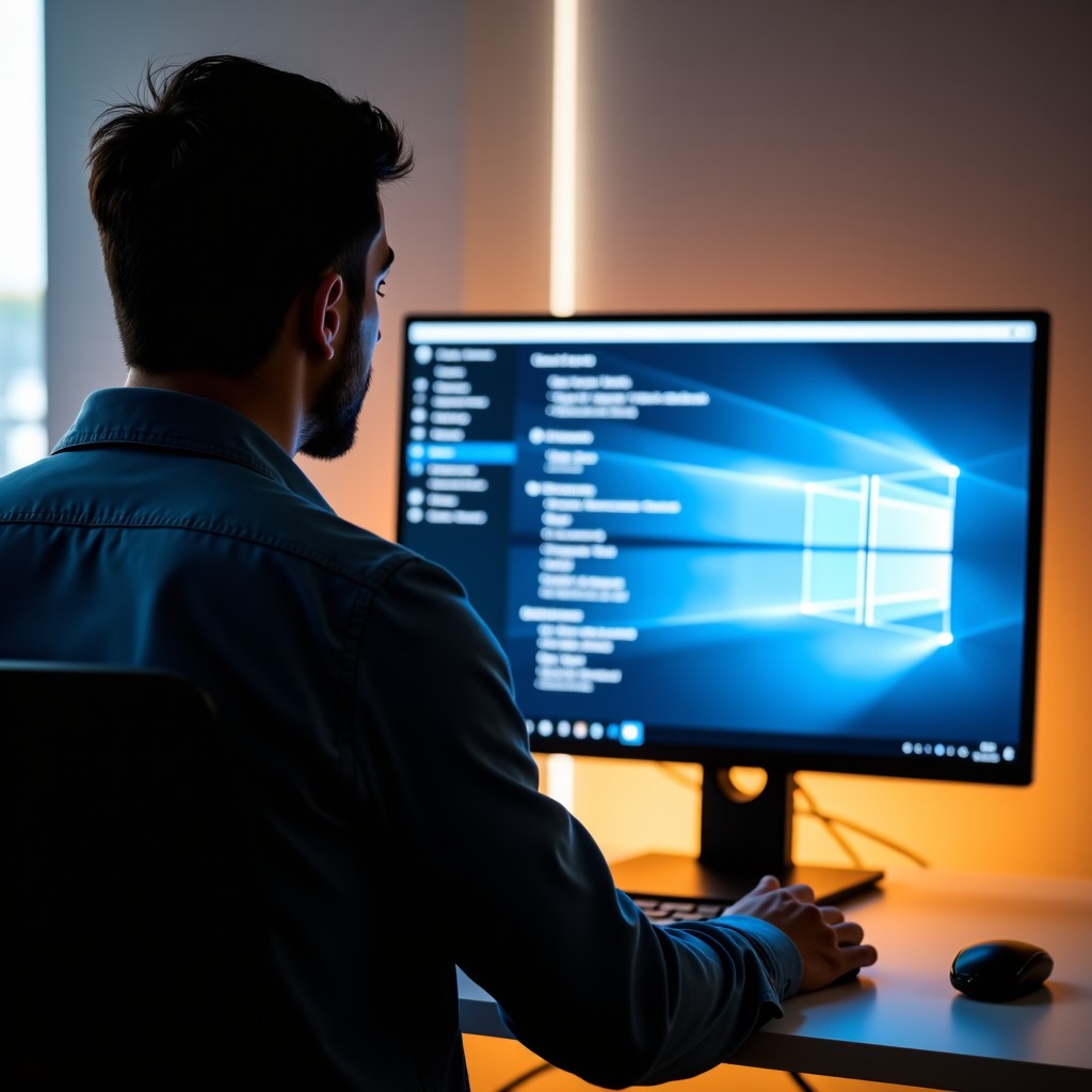 A person looking at a computer monitor showing network security settings, clean modern office environment, warm ambient light, depth of field, 4:3.