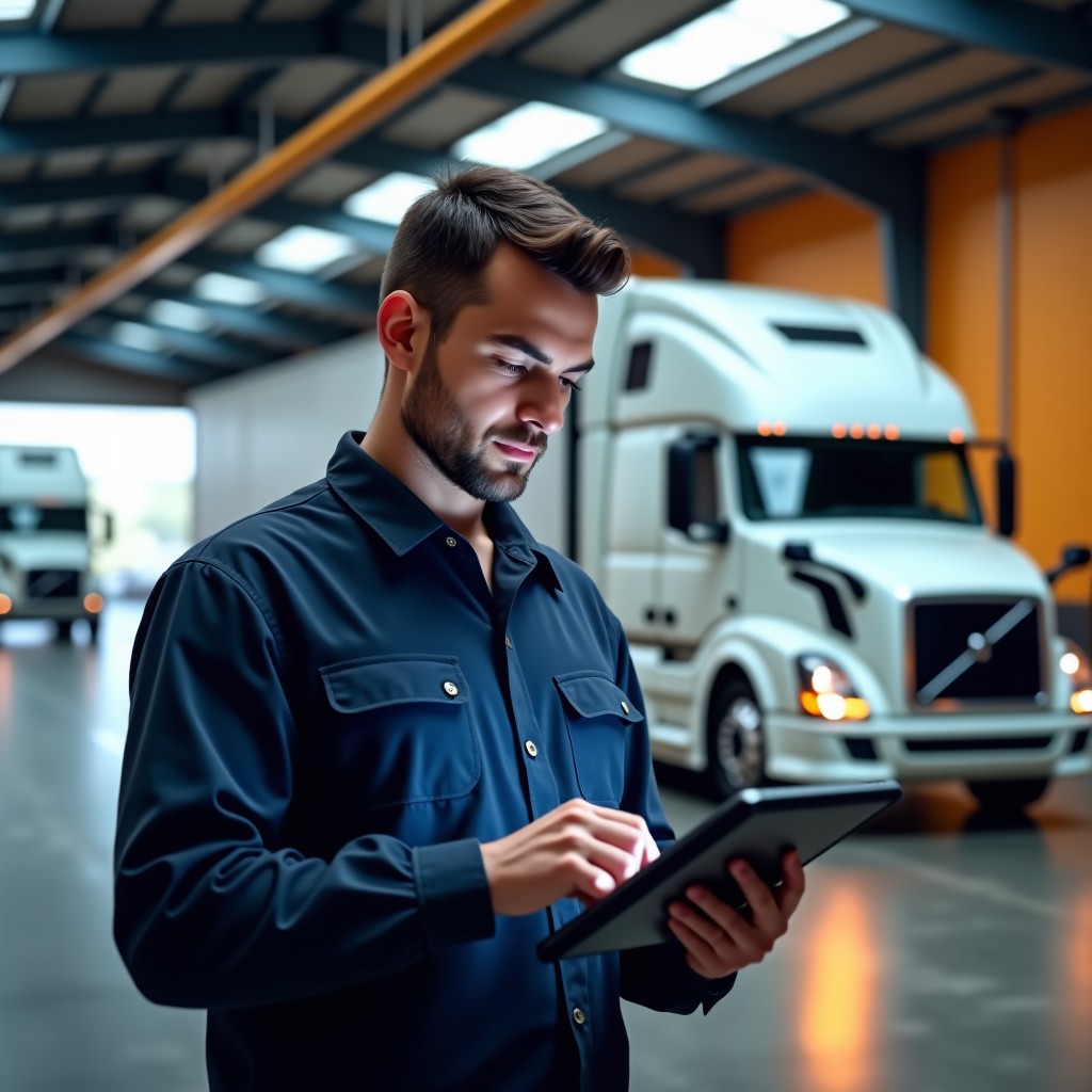 A professional technician using a high-tech diagnostic tablet near a modern fleet truck, industrial warehouse background, warm lighting, sharp focus, 4:3