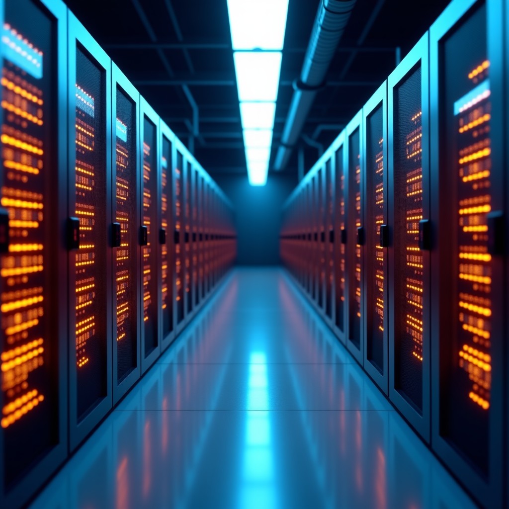 Rows of glowing server racks in a cold data center, symbolizing the birth of AI-generated content, cinematic composition, 4:3